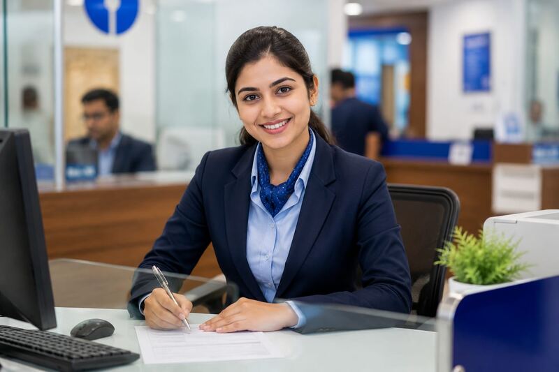 Banking professional assisting a customer at a desk